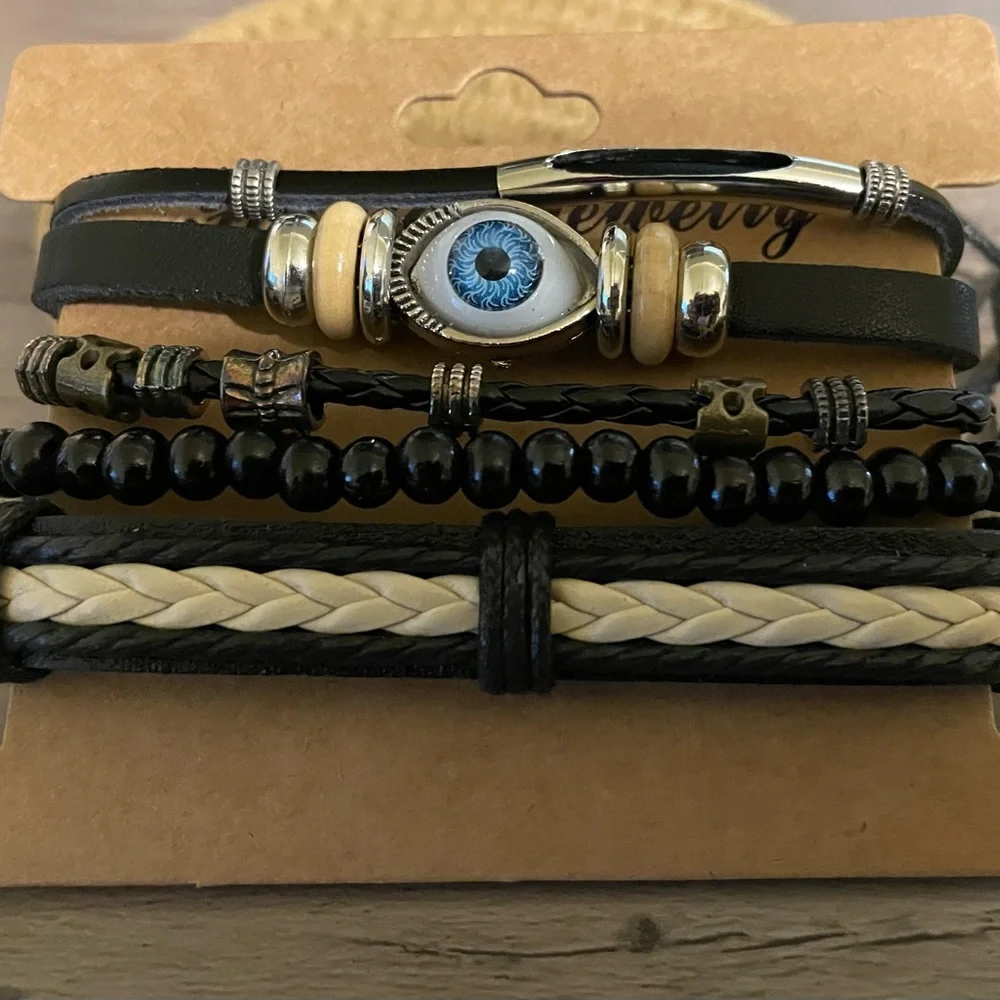 Black Genuine Leather Evil Eye Beads Stacking Bracelet
